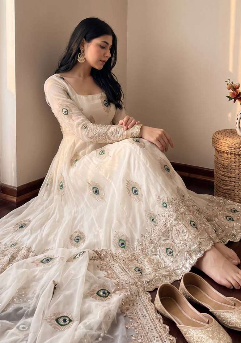 Off White Embroidery Silk Anarkali Set - Indya