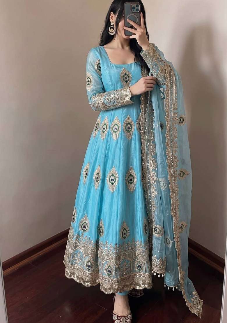 Sky Blue Embroidery Silk Anarkali Set - Indya