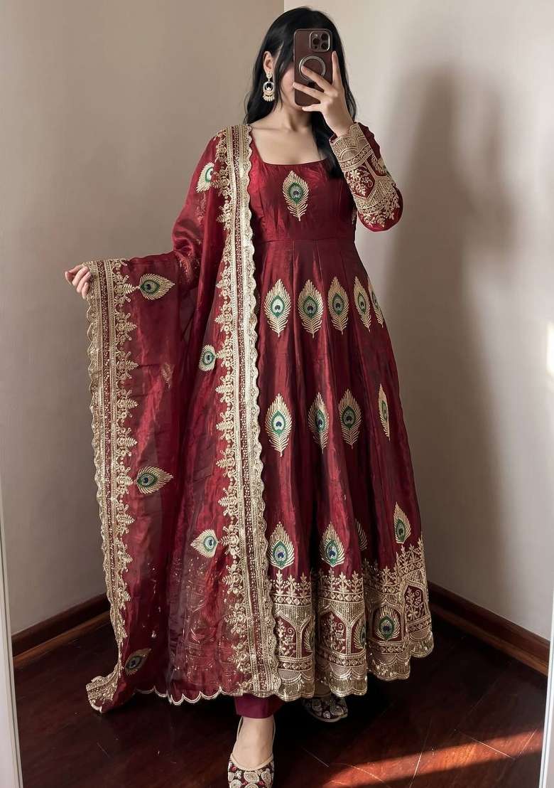 Maroon Embroidery Silk Anarkali Set - Indya