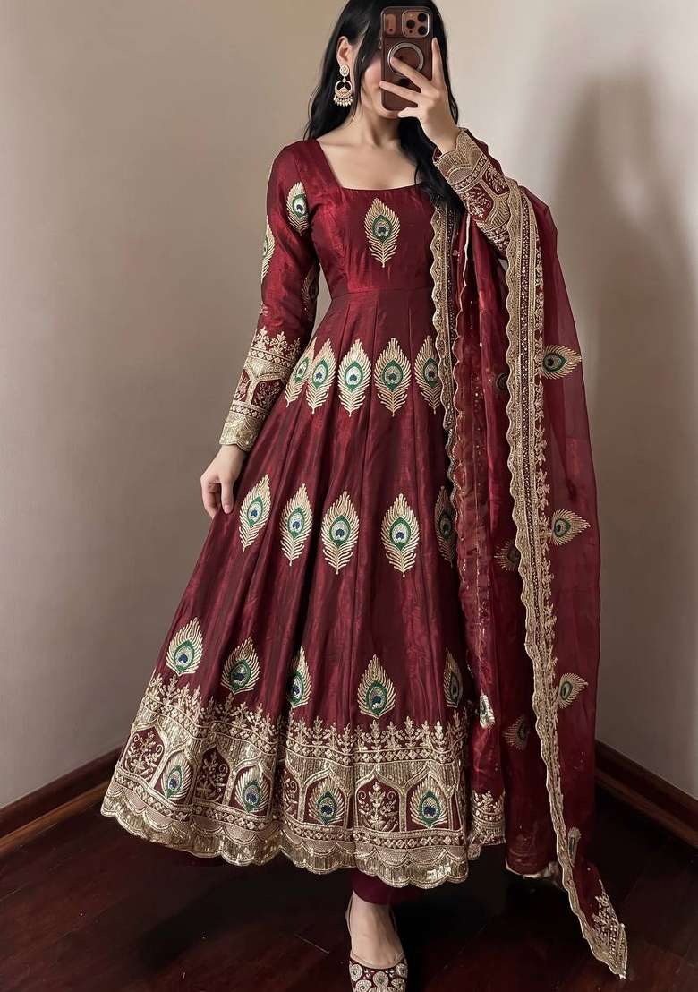 Maroon Embroidery Silk Anarkali Set - Indya