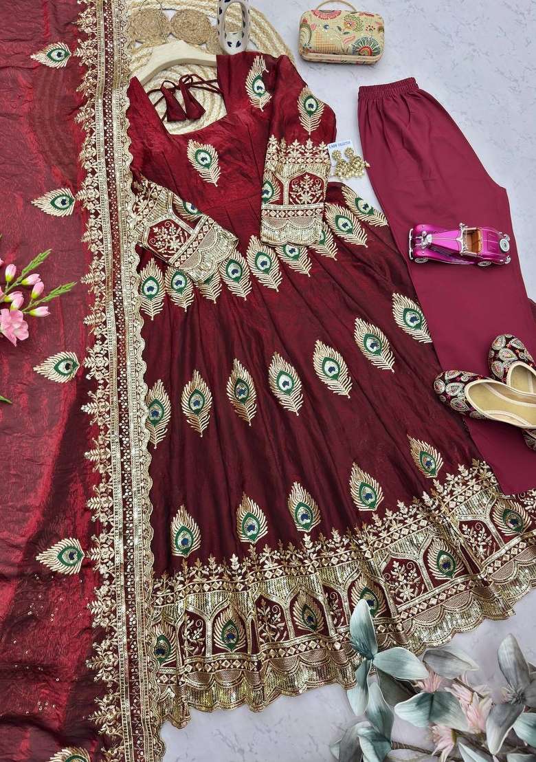 Maroon Embroidery Silk Anarkali Set - Indya