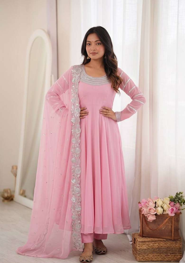 Baby Pink Embroidery Georgette Anarkali Set - Indya
