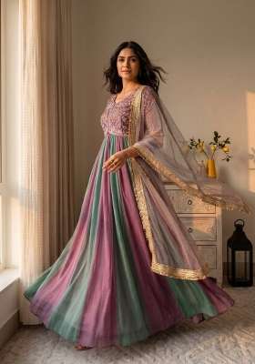Lavendar And Light Purple Embroidery Silk Anarkali Set