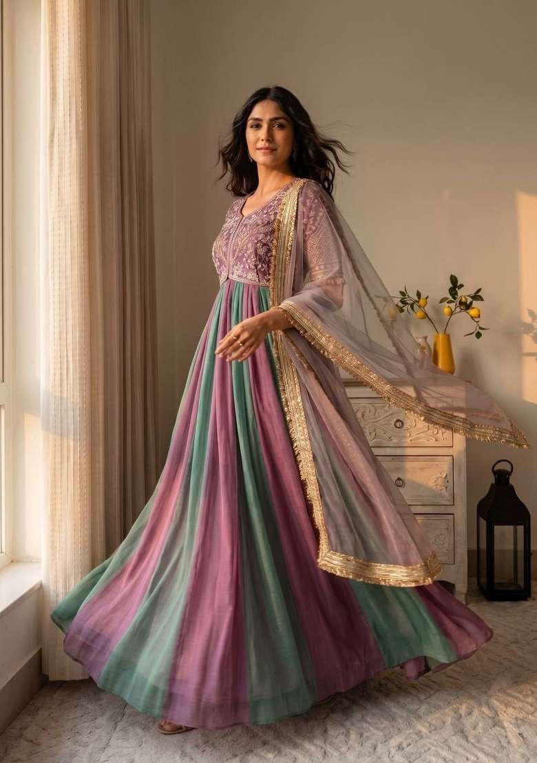 Lavendar And Light Purple Embroidery Silk Anarkali Set - Indya