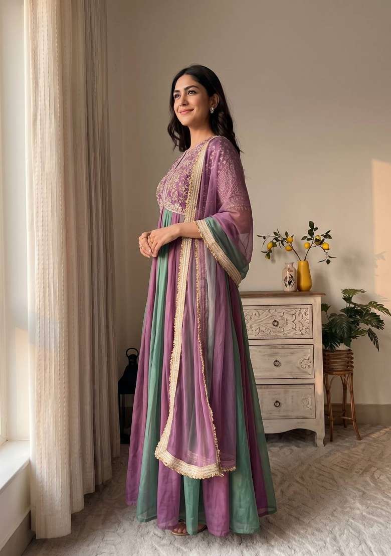 Lavendar And Light Purple Embroidery Silk Anarkali Set - Indya