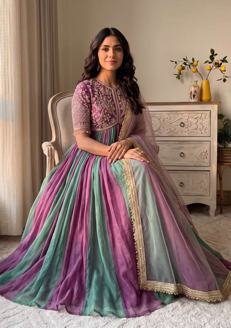 Lavendar And Light Purple Embroidery Silk Anarkali Set - Indya