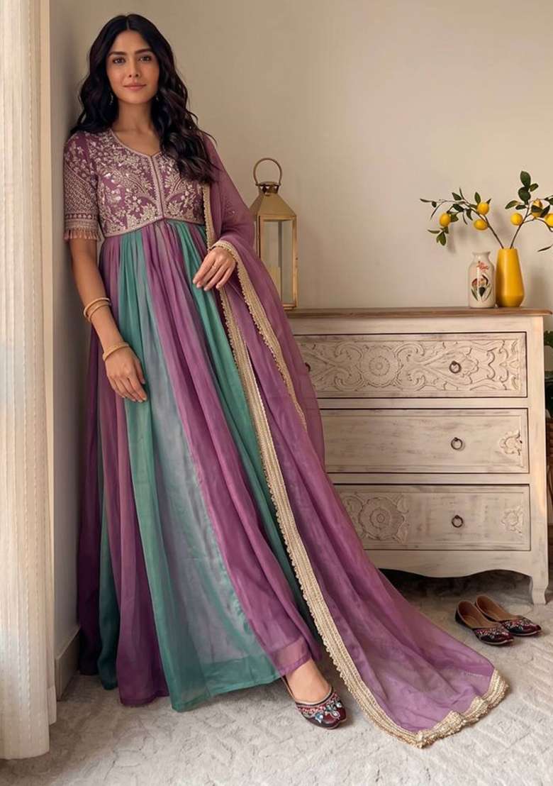 Lavendar And Light Purple Embroidery Silk Anarkali Set - Indya
