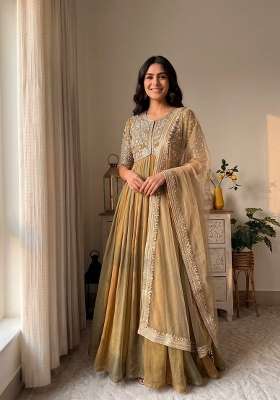 Olive Green Embroidery Silk Anarkali Set
