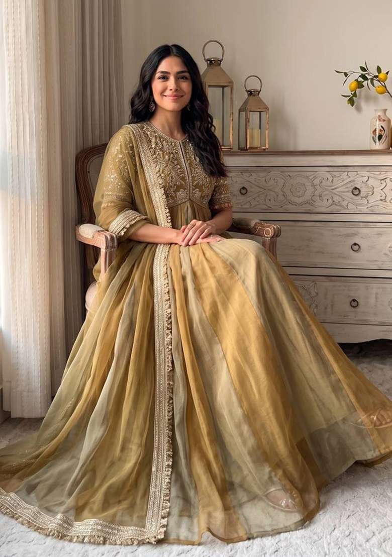 Olive Green Embroidery Silk Anarkali Set - Indya