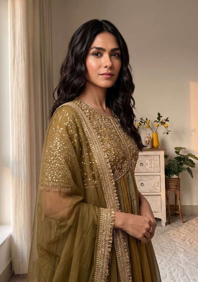 Olive Green Embroidery Silk Anarkali Set - Indya