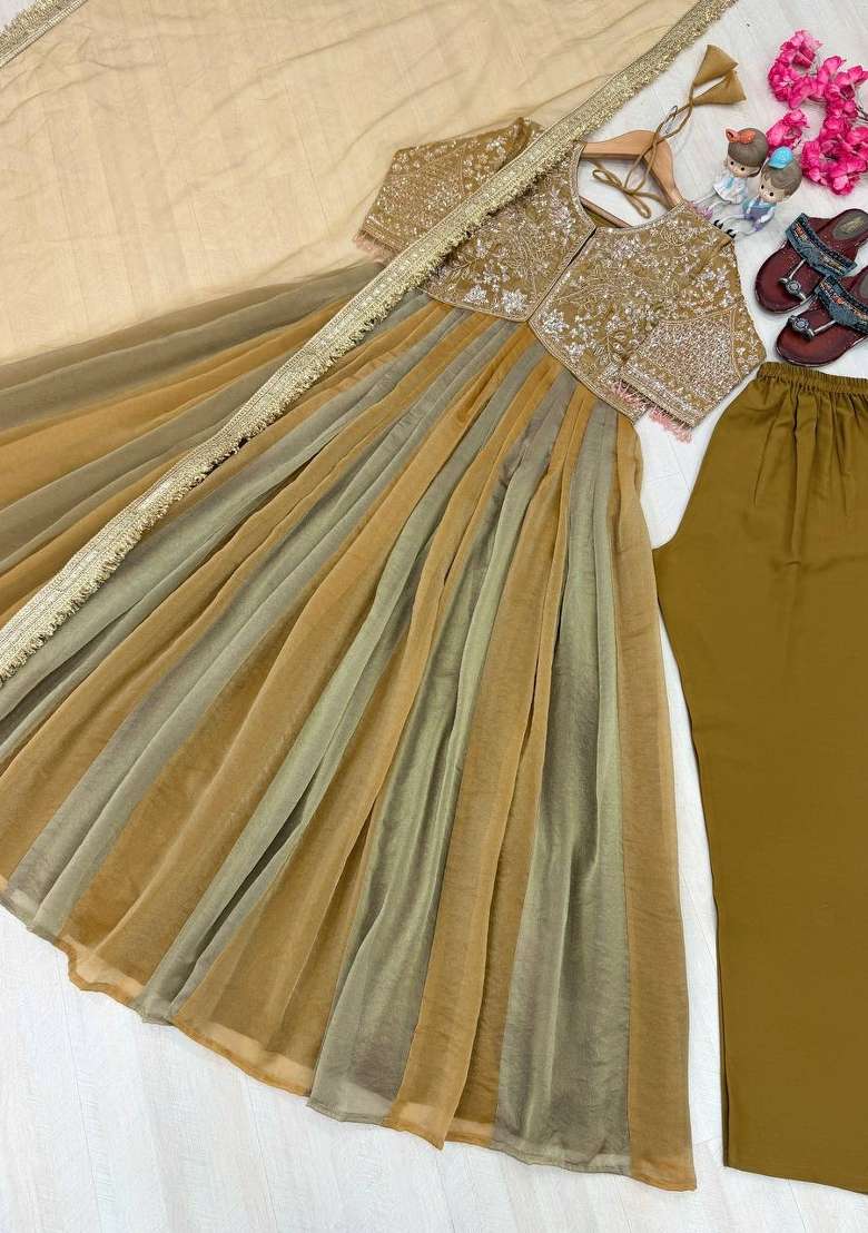 Olive Green Embroidery Silk Anarkali Set - Indya