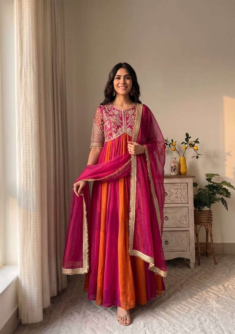 Magenta Pink And Tangerine Orange Embroidery Silk Anarkali Set - Indya