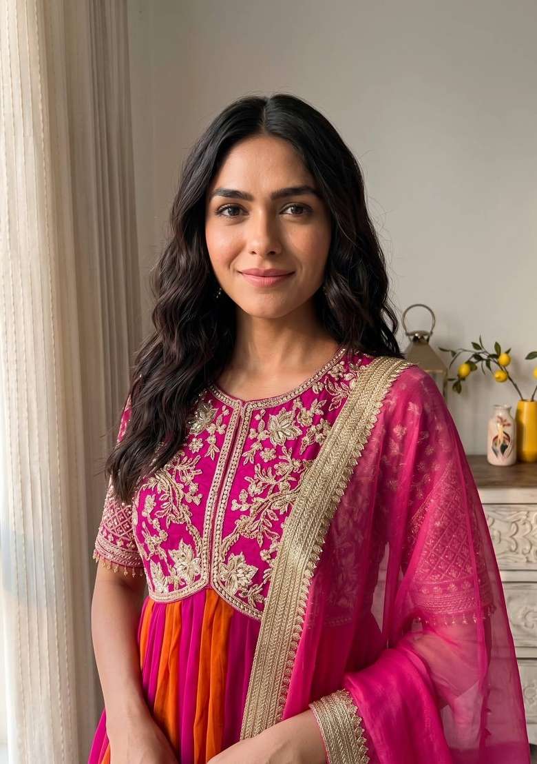 Magenta Pink And Tangerine Orange Embroidery Silk Anarkali Set - Indya