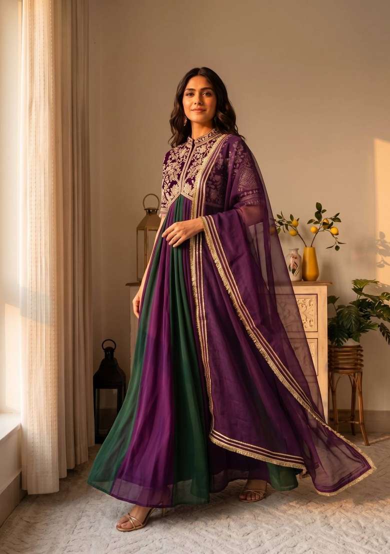 Royal Purple And Emerlad Green Embroidery Silk Anarkali Set - Indya