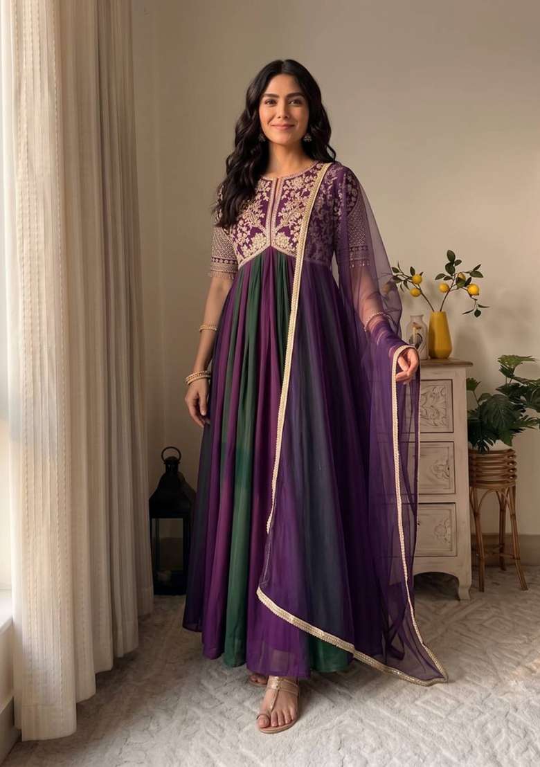 Royal Purple And Emerlad Green Embroidery Silk Anarkali Set - Indya