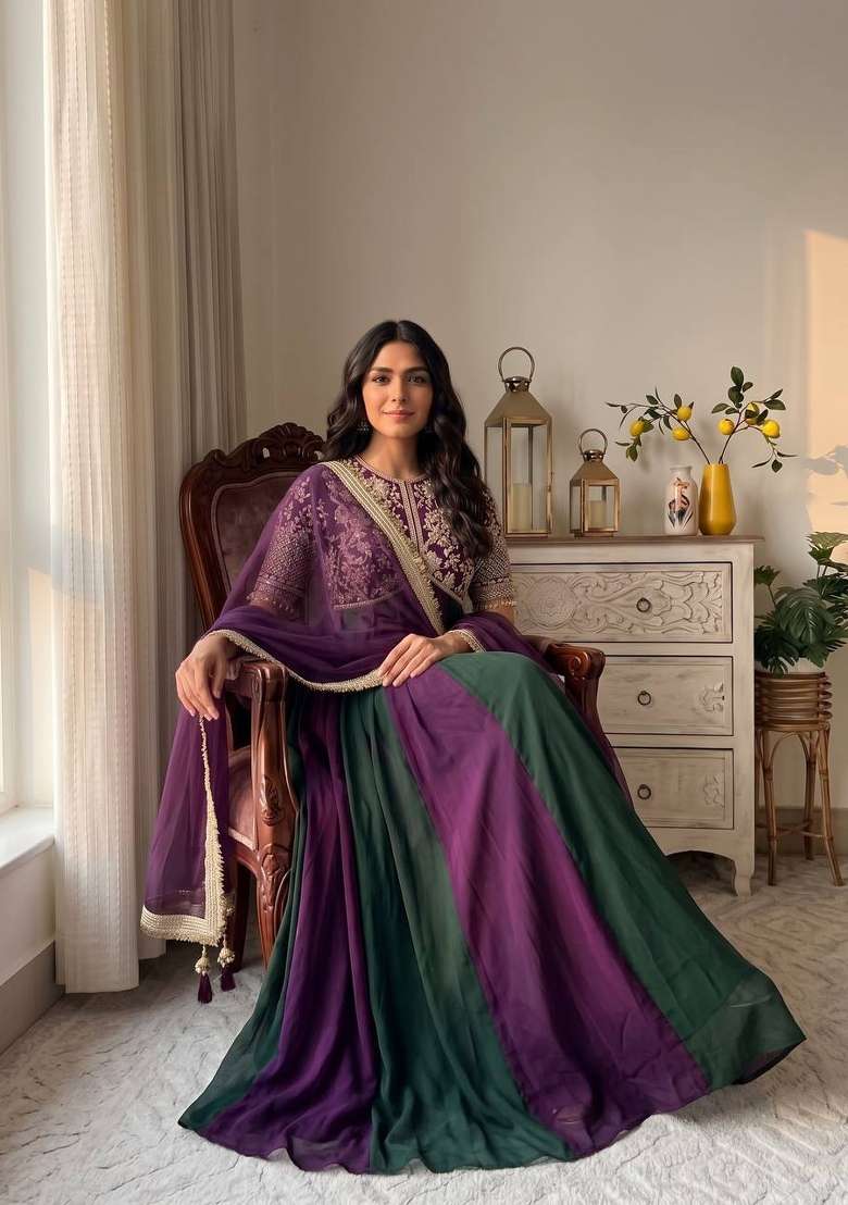 Royal Purple And Emerlad Green Embroidery Silk Anarkali Set - Indya