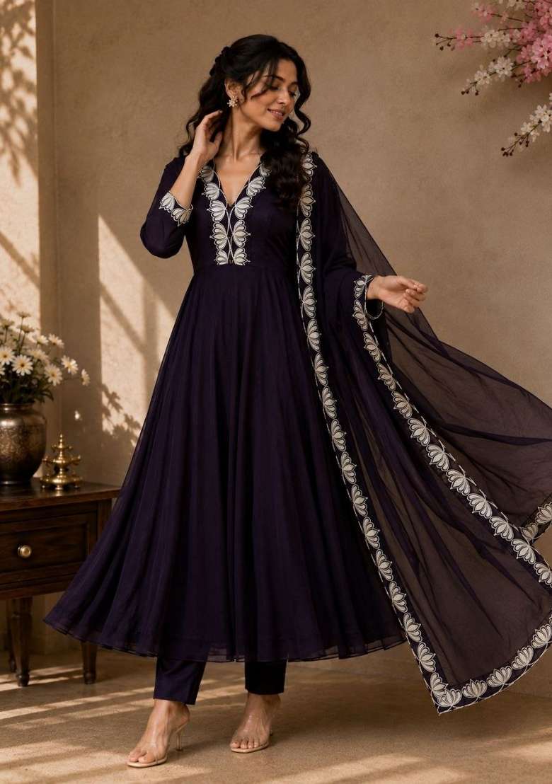 Dark Pulm Purple Embroidery Georgette Anarkali Set - Indya