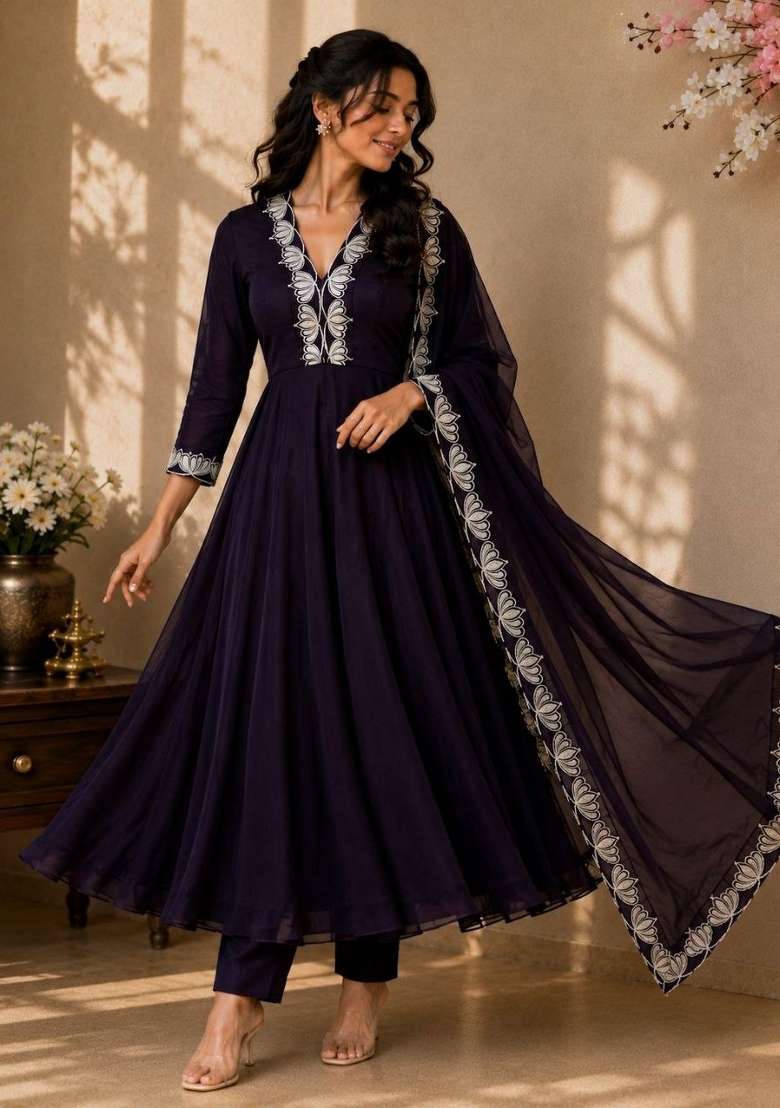 Dark Pulm Purple Embroidery Georgette Anarkali Set - Indya