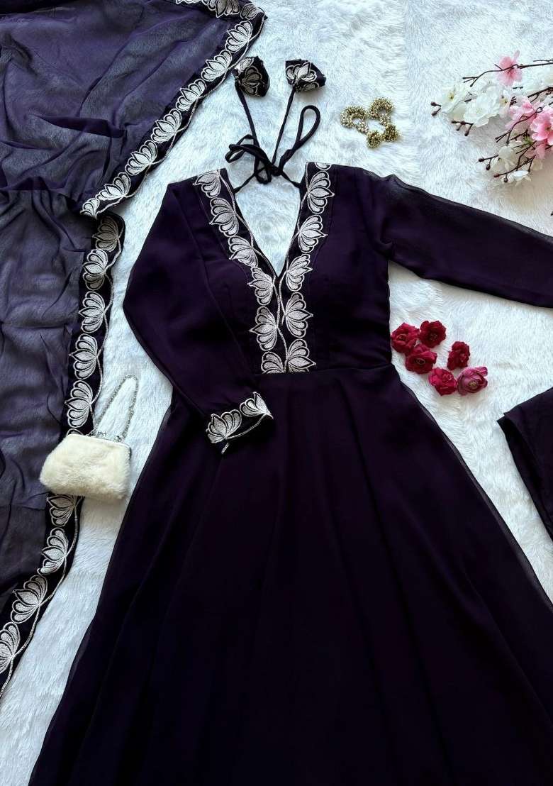 Dark Pulm Purple Embroidery Georgette Anarkali Set - Indya