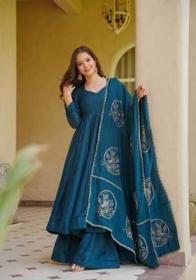 Peacock Blue Embroidery Silk Anarkali Palazzo Set