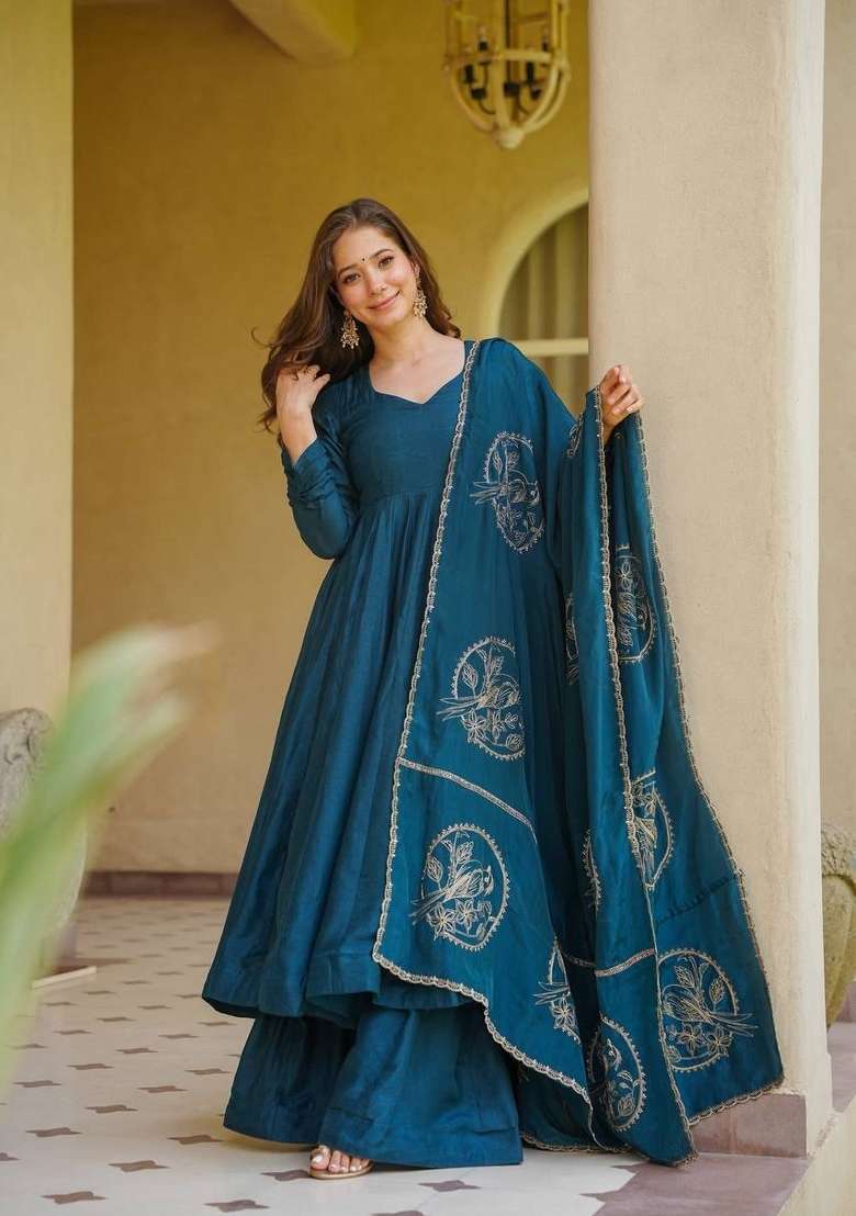 Peacock Blue Embroidery Silk Anarkali Palazzo Set - Indya