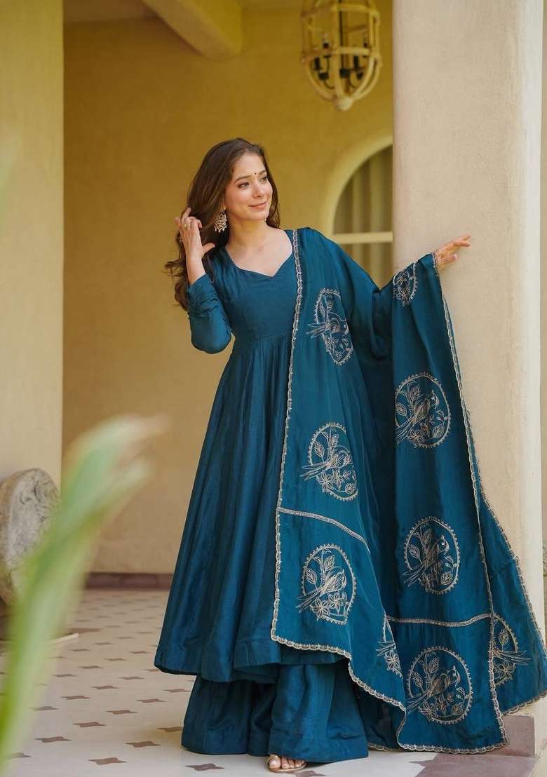 Peacock Blue Embroidery Silk Anarkali Palazzo Set - Indya