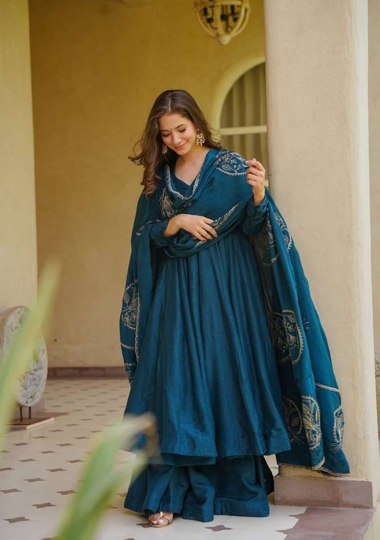 Peacock Blue Embroidery Silk Anarkali Palazzo Set - Indya