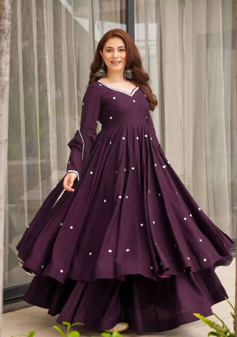 Dark Purple Embroidery Silk Anarkali Palazzo Set - Indya