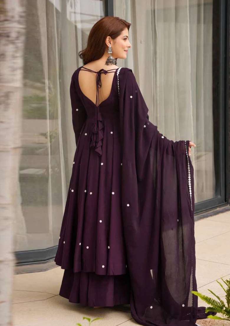 Dark Purple Embroidery Silk Anarkali Palazzo Set - Indya