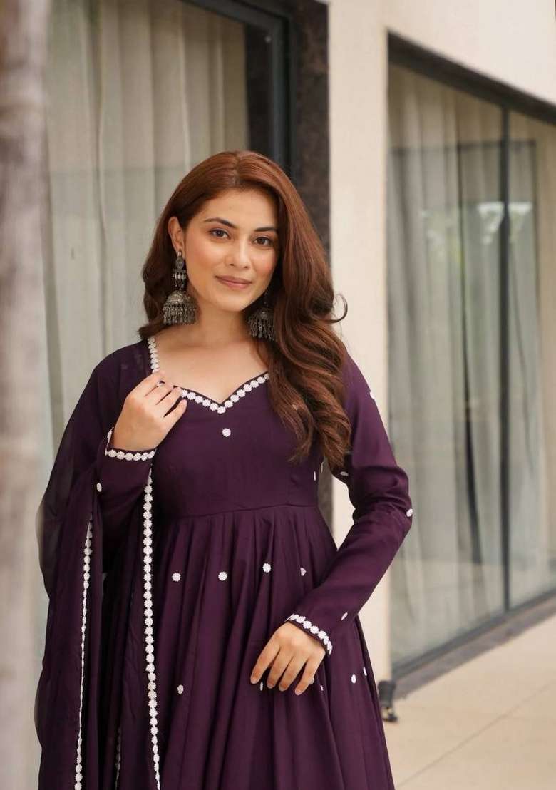 Dark Purple Embroidery Silk Anarkali Palazzo Set - Indya