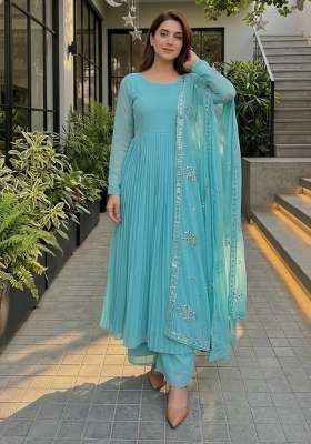 Sky Blue Embroidery Georgette Anarkali Set