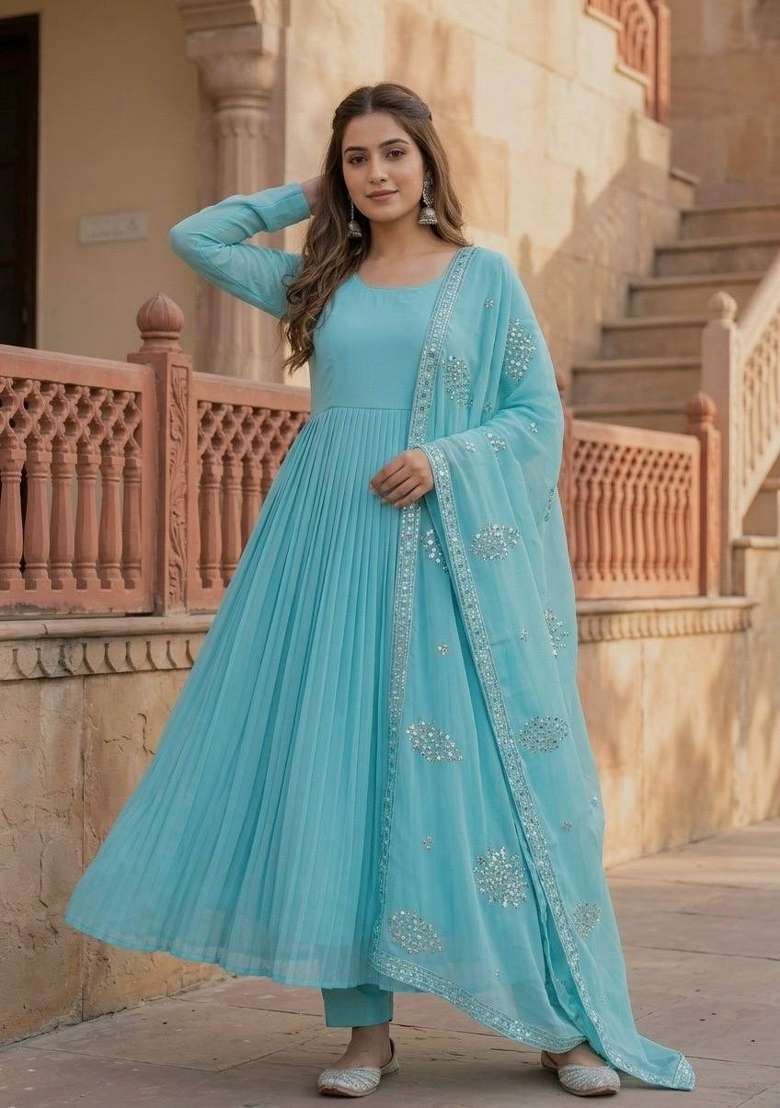 Sky Blue Embroidery Georgette Anarkali Set - Indya