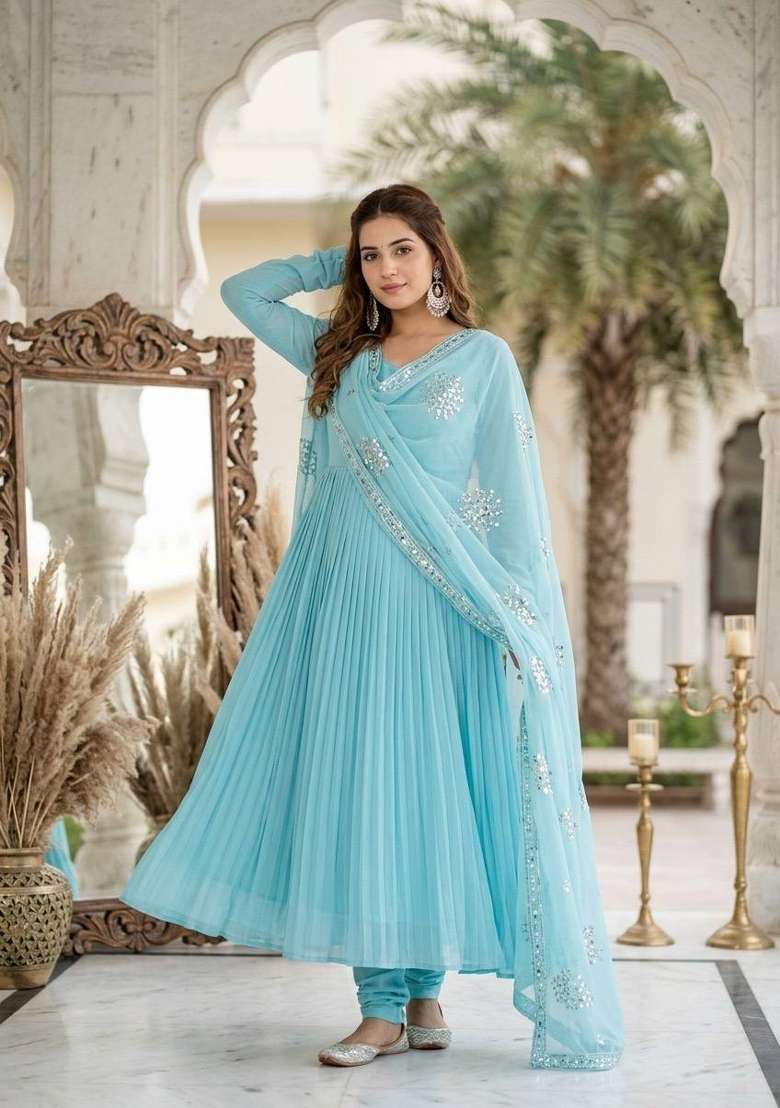 Sky Blue Embroidery Georgette Anarkali Set - Indya