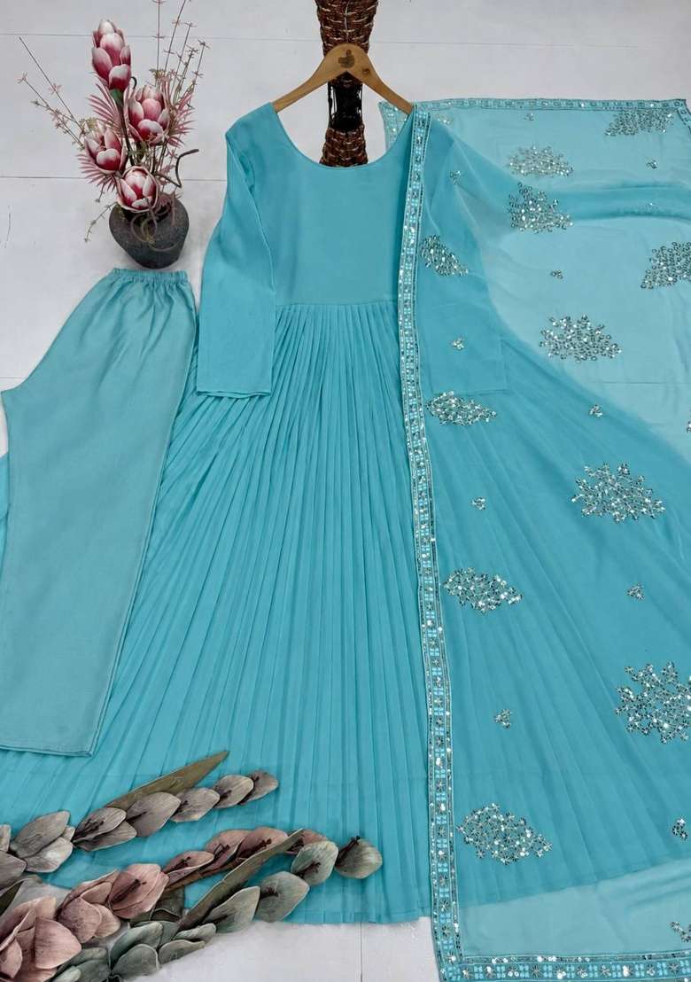 Sky Blue Embroidery Georgette Anarkali Set - Indya