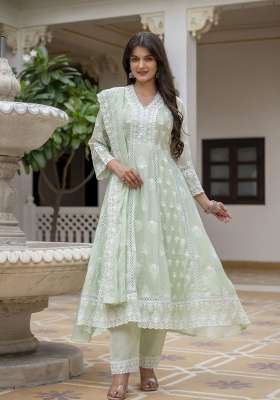 Pista Lakhnowi Work Cotton Anarkali Set