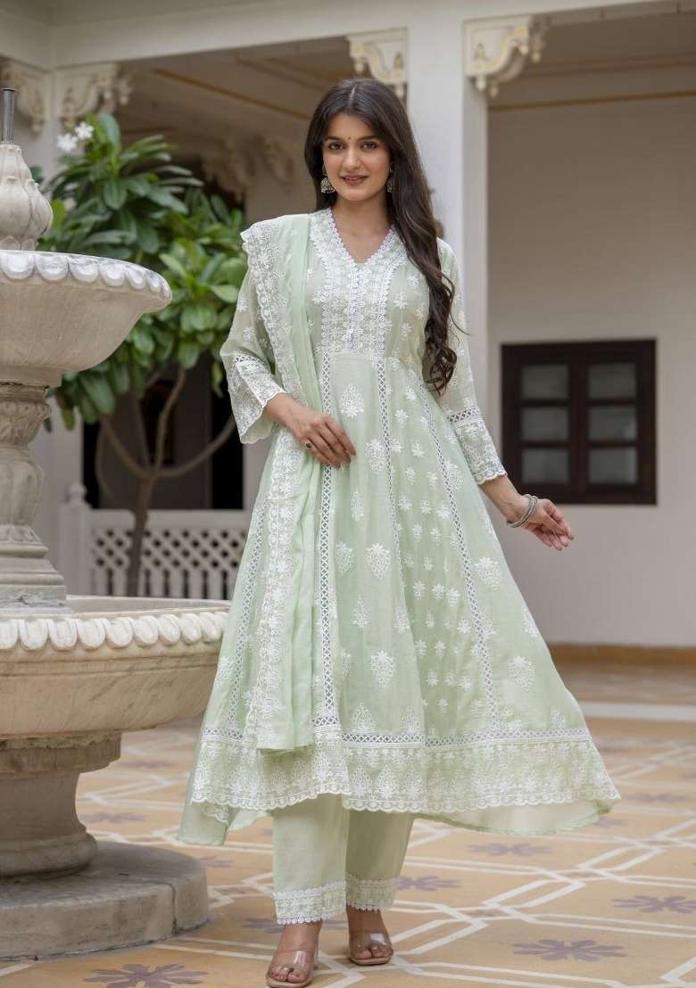 Pista Lakhnowi Work Cotton Anarkali Set - Indya