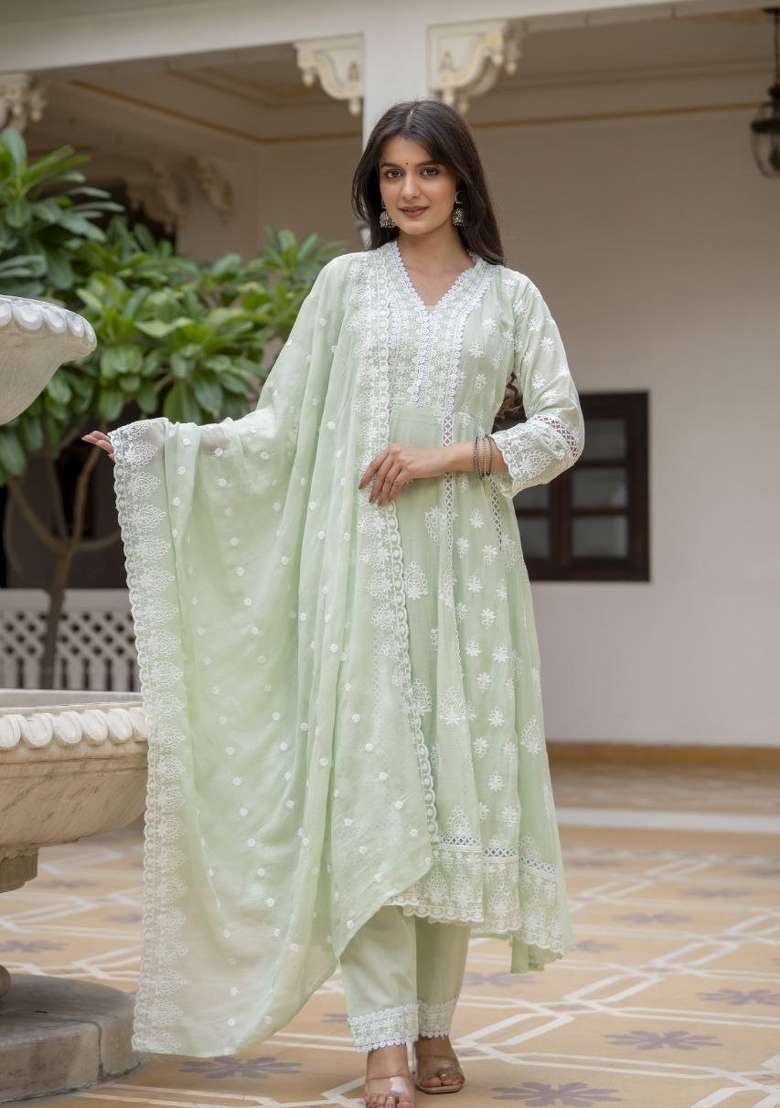 Pista Lakhnowi Work Cotton Anarkali Set - Indya