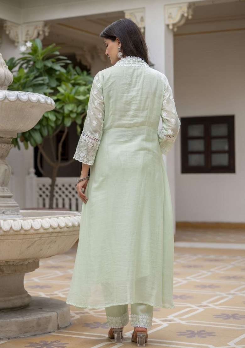 Pista Lakhnowi Work Cotton Anarkali Set - Indya