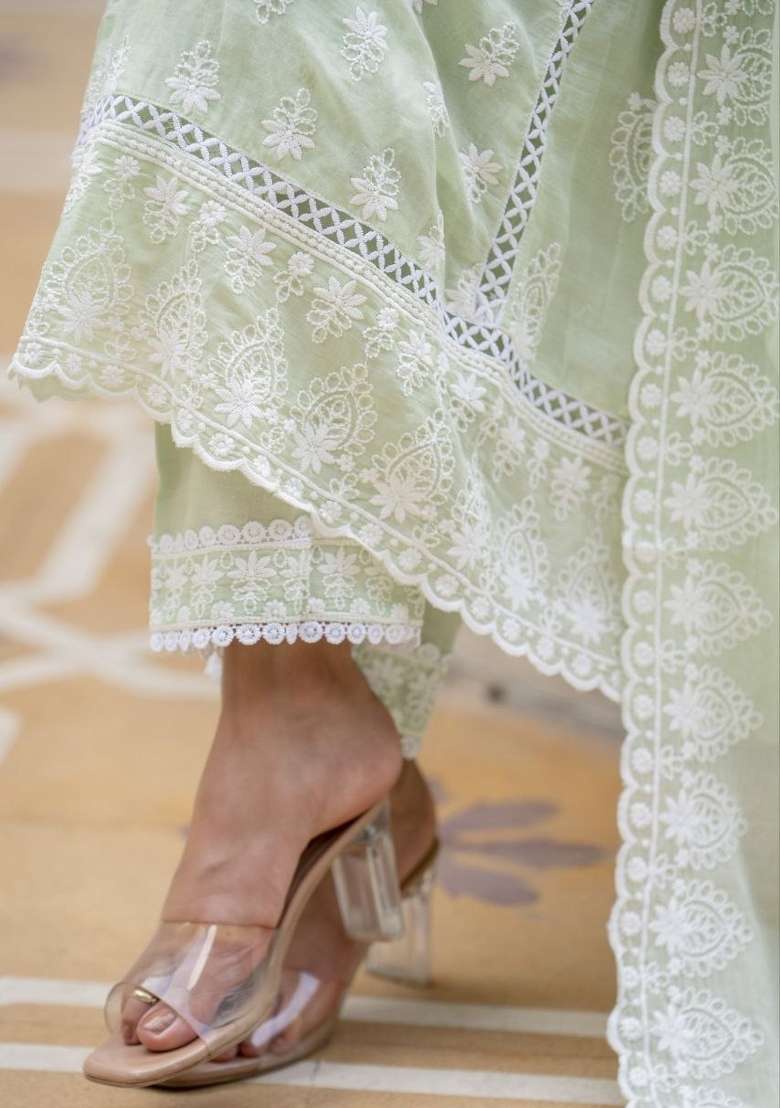Pista Lakhnowi Work Cotton Anarkali Set - Indya