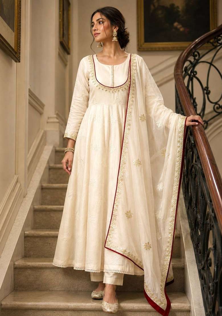 Off White Embroidery Cotton Anarkali Set - Indya