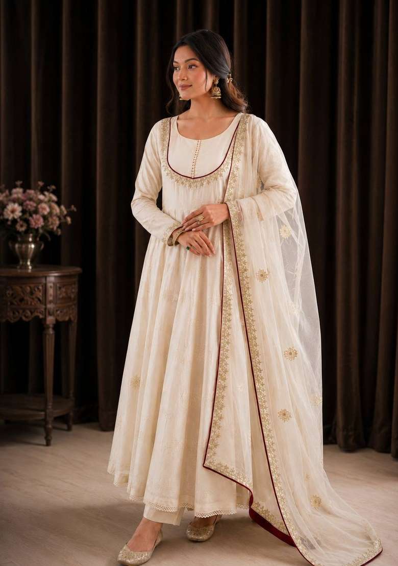 Off White Embroidery Cotton Anarkali Set - Indya