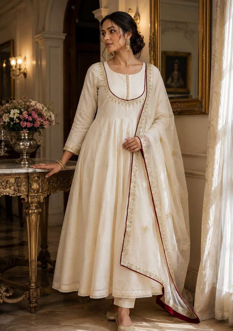 Off White Embroidery Cotton Anarkali Set - Indya