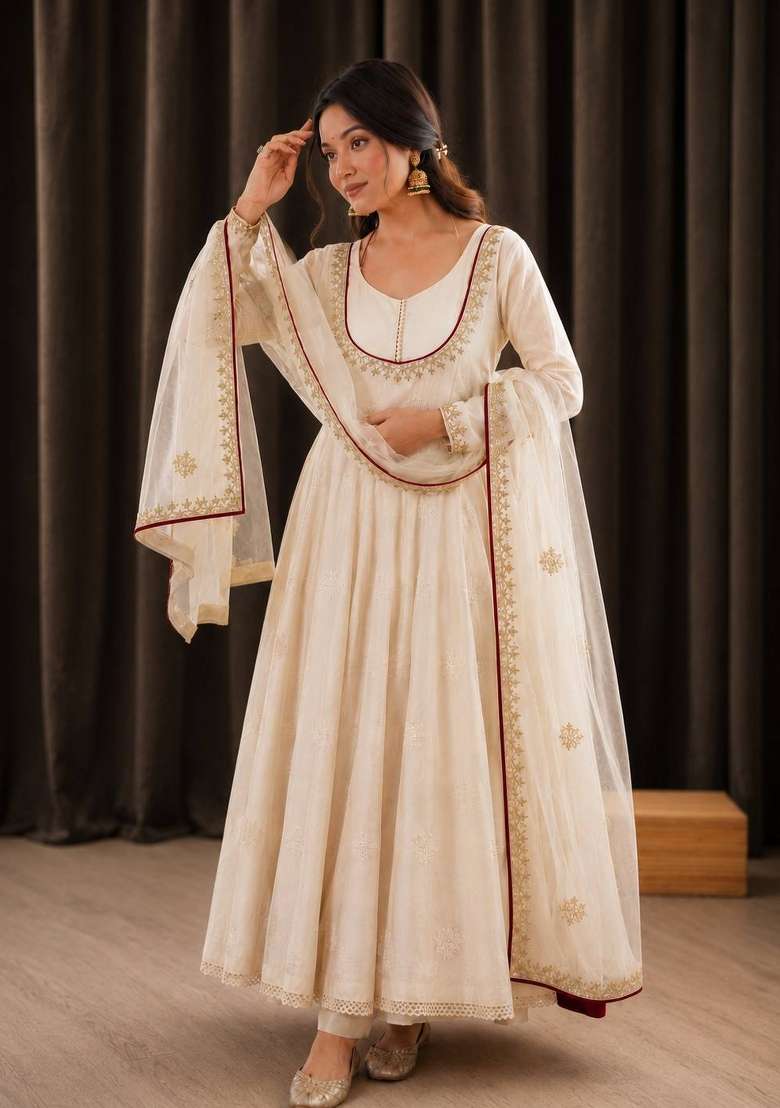 Off White Embroidery Cotton Anarkali Set - Indya