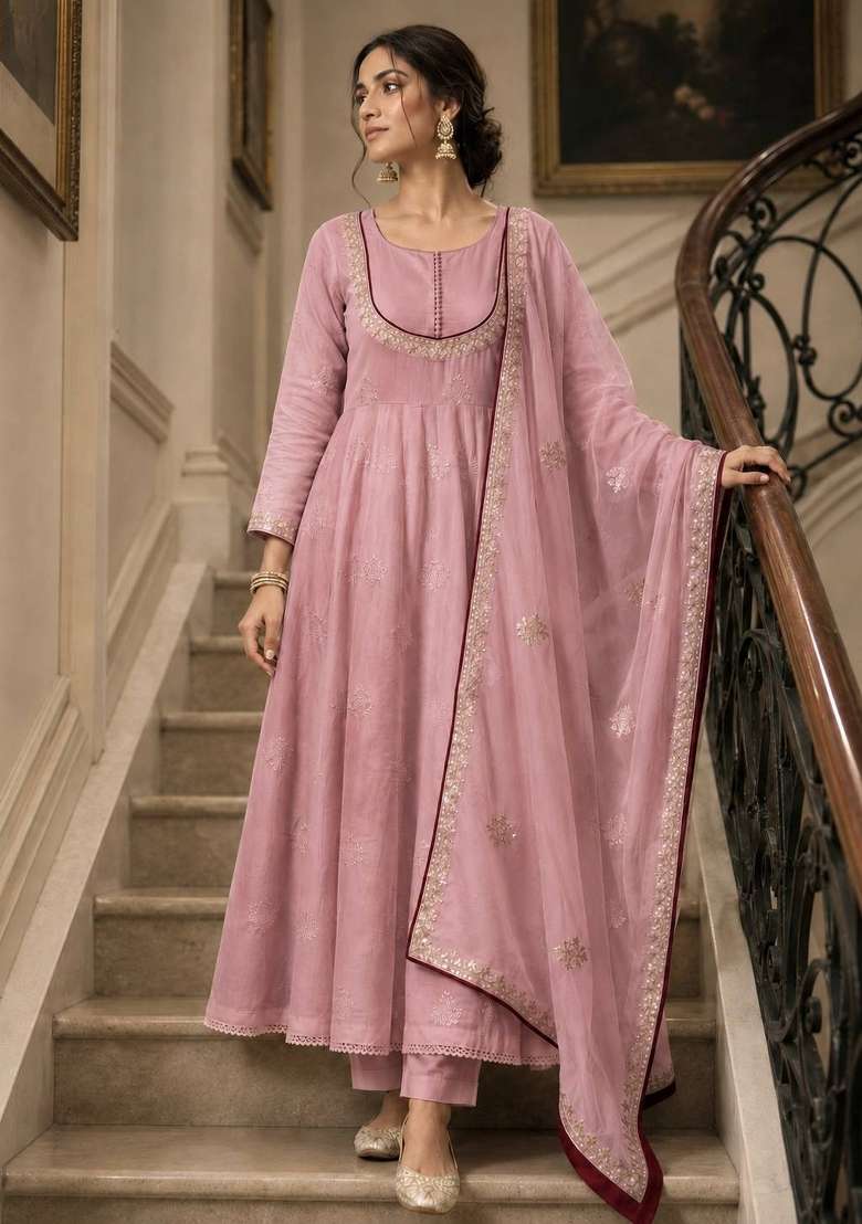 Pink Embroidery Cotton Anarkali Set - Indya