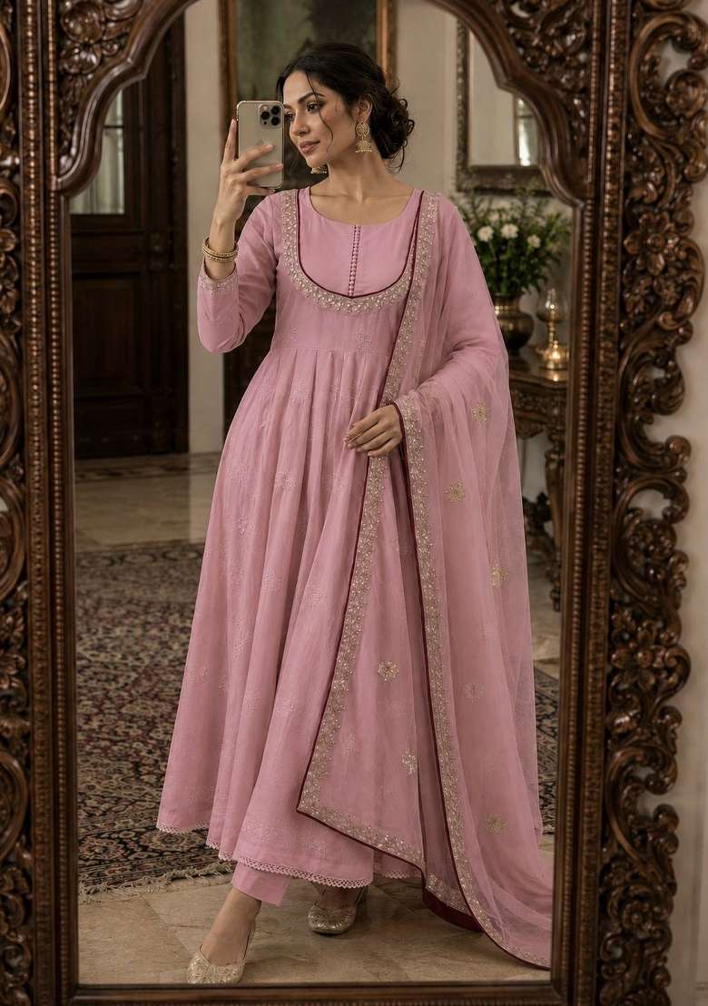 Pink Embroidery Cotton Anarkali Set - Indya