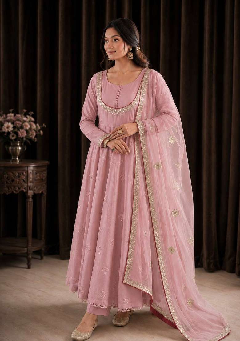 Pink Embroidery Cotton Anarkali Set - Indya