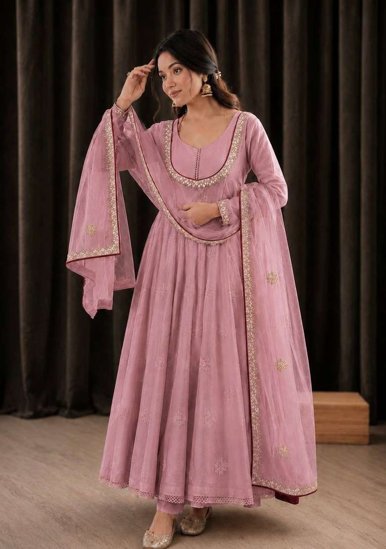 Pink Embroidery Cotton Anarkali Set - Indya
