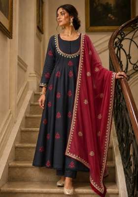 Black And Red Embroidery Cotton Anarkali Set