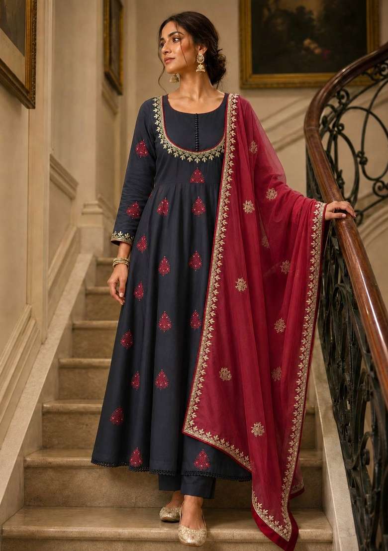 Black And Red Embroidery Cotton Anarkali Set - Indya