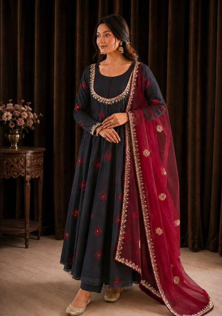 Black And Red Embroidery Cotton Anarkali Set - Indya
